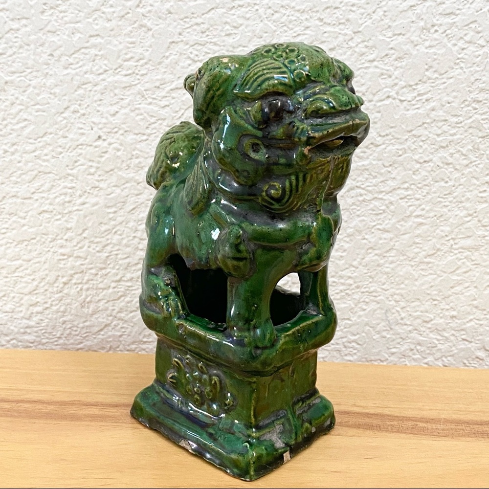 Antique Earthenware Chinese Green Glazed Foo Dog Foo Lion 6” Sculpture Figurine